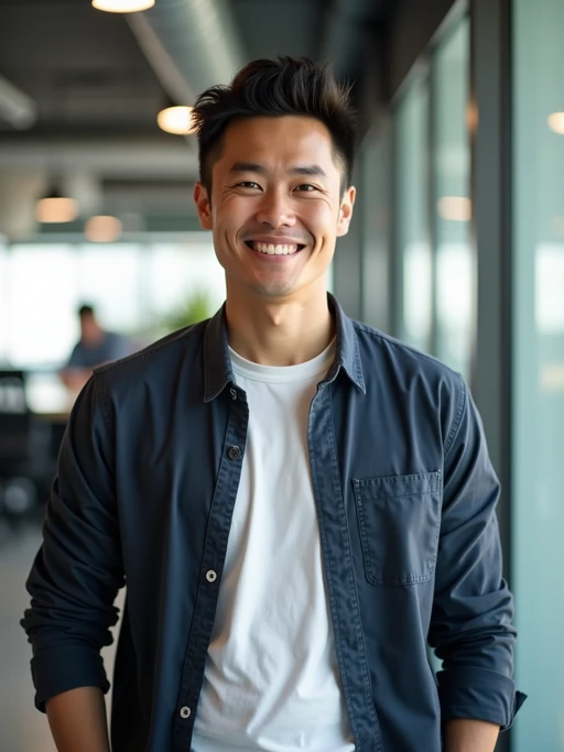 8k professional headshot of model, crisp details, bright modern office, casual tech wear, relaxed confident pose, approachable smile, high-definition, startup vibe, sharp focus, soft lighting, smart casual outfit, contemporary setting