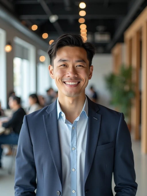 8k professional headshot of model, crisp details, studio backdrop, casual smart attire, confident posture, friendly expression, high-definition, modern startup environment, sharp focus, natural lighting, business casual, open workspace background