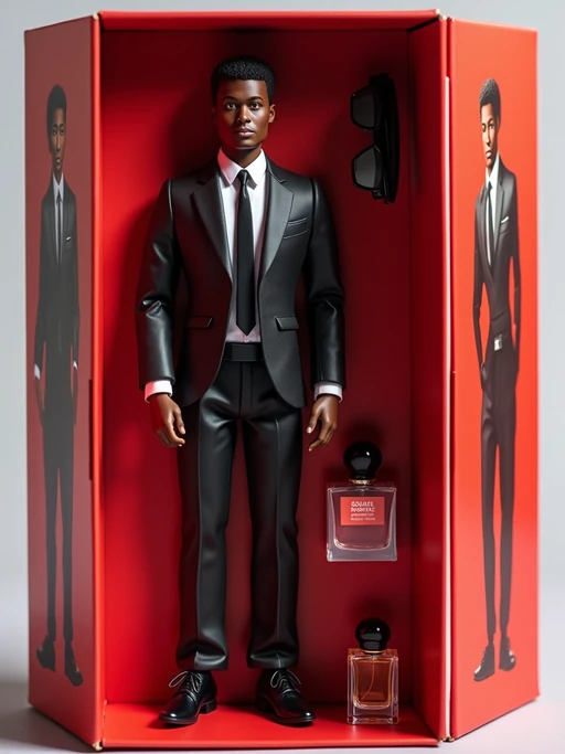 model as an action figure in packaging labeled 'SEXY EDITION'. Use model as a reference for the face. Model is 6 inches tall and dressed in if(gender=f){skin tight bodycon dress with high heels} if(gender=m){suit and tie} outfit, and striking a confident pose. The cardboard section should be red. Include an 'Accessories' section with items like sunglasses, perfume/cologne bottle, and elegant watch. Make the design visually appealing and alluring. Do not include the character image on packaging.