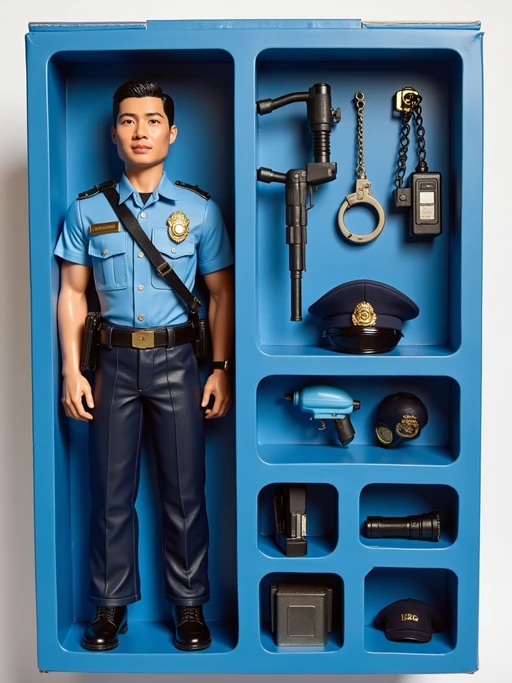 model as an action figure in packaging labeled 'POLICE EDITION'. Use model as a reference for the face. Model is 6 inches tall and dressed in police uniform with badge, and holding a walkie-talkie. The cardboard section should be blue. Include an 'Accessories' section with items like handcuffs, police hat, and flashlight. Make the design visually appealing and reflective of law enforcement profession. Do not include the character image on packaging.