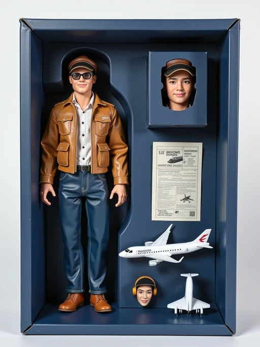 model as an action figure in packaging labeled 'PILOT EDITION'. Use model as a reference for the face. Model is 6 inches tall and dressed in pilot uniform with cap, and holding aviator sunglasses. The cardboard section should be navy blue. Include an 'Accessories' section with items like pilot headset, flight manual, and model airplane. Make the design visually appealing and reflective of aviation profession. Do not include the character image on packaging.