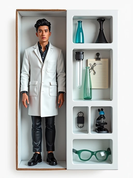 model as an action figure in packaging labeled 'SCIENTIST EDITION'. Use model as a reference for the face. Model is 6 inches tall and dressed in lab coat, and holding a test tube. The cardboard section should be white. Include an 'Accessories' section with items like microscope, safety goggles, and lab notebook. Make the design visually appealing and reflective of scientific research. Do not include the character image on packaging.