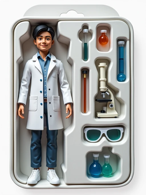 model as an action figure in packaging labeled 'SCIENTIST EDITION'. Use model as a reference for the face. Model is 6 inches tall and dressed in lab coat, and holding a test tube. The cardboard section should be white. Include an 'Accessories' section with items like microscope, safety goggles, and lab notebook. Make the design visually appealing and reflective of scientific research. Do not include the character image on packaging.