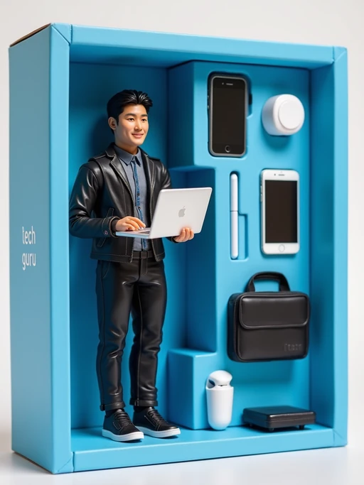 model as an action figure in packaging labeled 'TECH GURU'. Use model as a reference for the face. Model is 6 inches tall and dressed in tech attire, and holding a laptop. The cardboard section should be blue. Include an 'Accessories' section with items like smartphone, laptop, and wireless earbuds. Make the design visually appealing and reflective of tech industry. Do not include the character image on packaging.