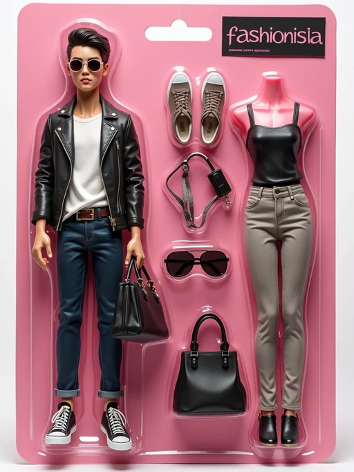 model as an action figure in packaging labeled 'FASHIONISTA'. Use model as a reference for the face. Model is 6 inches tall and dressed in fashionable attire, and holding a handbag. The cardboard section should be pink. Include an 'Accessories' section with items like sunglasses, handbag, and fashion magazine. Make the design visually appealing and reflective of fashion industry. Do not include the character image on packaging.