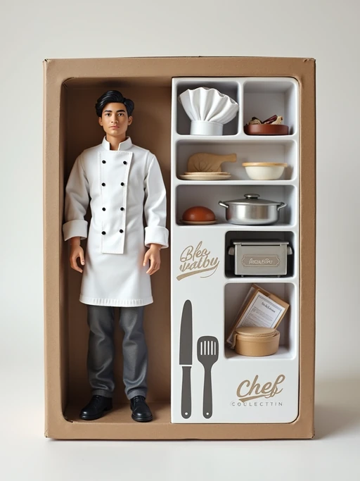 model as an action figure in packaging labeled 'CHEF COLLECTION'. Use model as a reference for the face. Model is 6 inches tall and dressed in chef uniform, and holding a spatula. The cardboard section should be white. Include an 'Accessories' section with items like chef hat, cooking pot, and recipe book. Make the design visually appealing and reflective of culinary arts. Do not include the character image on packaging.