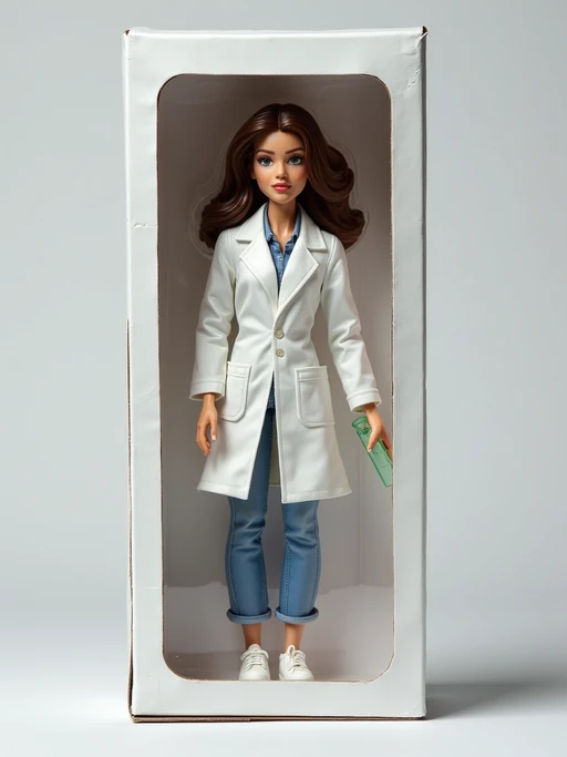 model as an action figure in packaging labeled 'SCIENTIST EDITION'. Use model as a reference for the face. Model is 6 inches tall and dressed in lab coat, and holding a test tube. The cardboard section should be white. Include an 'Accessories' section with items like microscope, safety goggles, and lab notebook. Make the design visually appealing and reflective of scientific research. Do not include the character image on packaging.