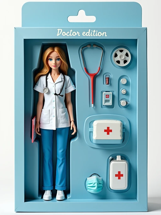 model as an action figure in packaging labeled 'DOCTOR EDITION'. Use model as a reference for the face. Model is 6 inches tall and dressed in medical scrubs with stethoscope, and holding a clipboard. The cardboard section should be light blue. Include an 'Accessories' section with items like stethoscope, medical bag, and surgical mask. Make the design visually appealing and reflective of healthcare profession. Do not include the character image on packaging.
