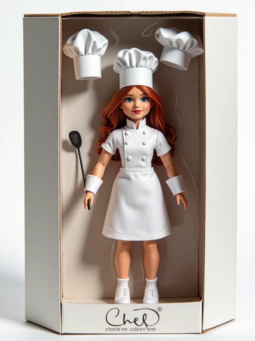model as an action figure in packaging labeled 'CHEF COLLECTION'. Use model as a reference for the face. Model is 6 inches tall and dressed in chef uniform, and holding a spatula. The cardboard section should be white. Include an 'Accessories' section with items like chef hat, cooking pot, and recipe book. Make the design visually appealing and reflective of culinary arts. Do not include the character image on packaging.