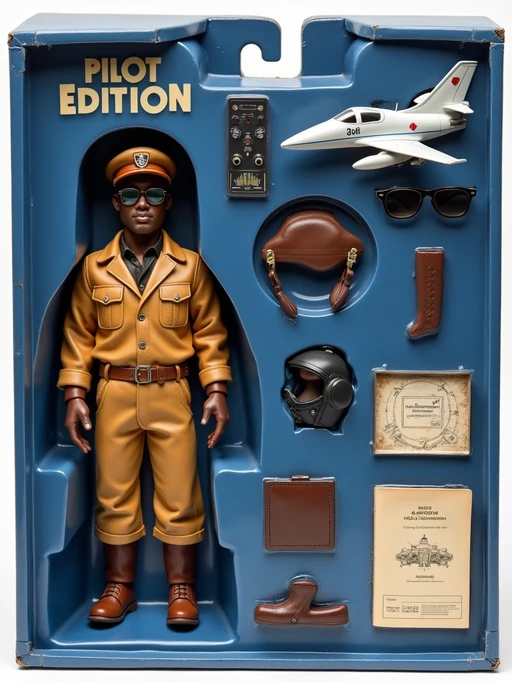 model as an action figure in packaging labeled 'PILOT EDITION'. Use model as a reference for the face. Model is 6 inches tall and dressed in pilot uniform with cap, and holding aviator sunglasses. The cardboard section should be navy blue. Include an 'Accessories' section with items like pilot headset, flight manual, and model airplane. Make the design visually appealing and reflective of aviation profession. Do not include the character image on packaging.