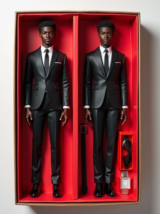 model as an action figure in packaging labeled 'SEXY EDITION'. Use model as a reference for the face. Model is 6 inches tall and dressed in if(gender=f){skin tight bodycon dress with high heels} if(gender=m){suit and tie} outfit, and striking a confident pose. The cardboard section should be red. Include an 'Accessories' section with items like sunglasses, perfume/cologne bottle, and elegant watch. Make the design visually appealing and alluring. Do not include the character image on packaging.