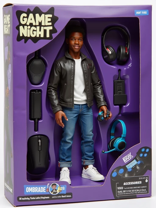 model as an action figure in packaging labeled 'GAME NIGHT'. Use model as a reference for the face. Model is 6 inches tall and dressed in casual gaming attire, and holding a controller. The cardboard section should be purple. Include an 'Accessories' section with items like gaming mouse, gaming headset, and gaming console. Make the design visually appealing and reflective of gaming culture. Do not include the character image on packaging.