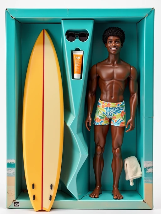 model as an action figure in packaging labeled 'BEACH SERIES'. Use model as a reference for the face. Model is 6 inches tall and dressed in swimwear, and holding a surfboard. The cardboard section should be teal. Include an 'Accessories' section with items like sunglasses, beach towel, and sunscreen. Make the design visually appealing and reflective of beach lifestyle. Do not include the character image on packaging.