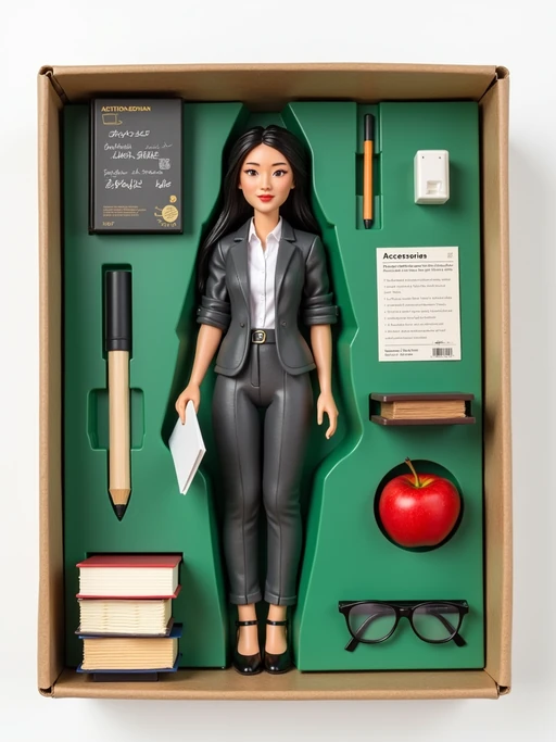model as an action figure in packaging labeled 'TEACHER EDITION'. Use model as a reference for the face. Model is 6 inches tall and dressed in professional teaching attire, and holding a book. The cardboard section should be green. Include an 'Accessories' section with items like whiteboard marker, apple, and reading glasses. Make the design visually appealing and reflective of education profession. Do not include the character image on packaging.