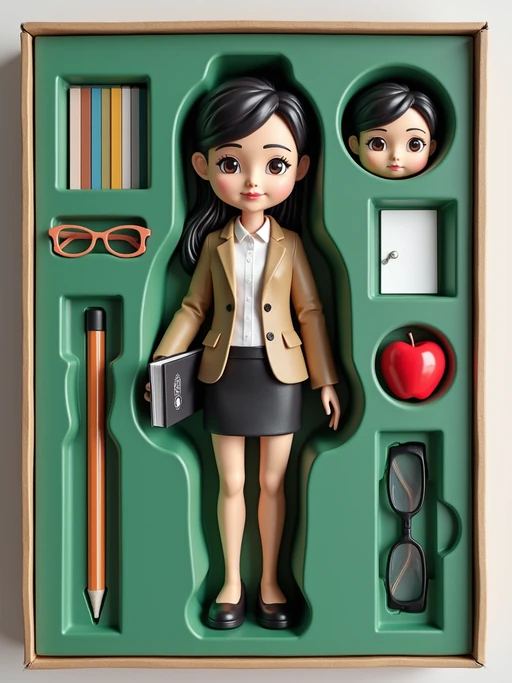 model as an action figure in packaging labeled 'TEACHER EDITION'. Use model as a reference for the face. Model is 6 inches tall and dressed in professional teaching attire, and holding a book. The cardboard section should be green. Include an 'Accessories' section with items like whiteboard marker, apple, and reading glasses. Make the design visually appealing and reflective of education profession. Do not include the character image on packaging.
