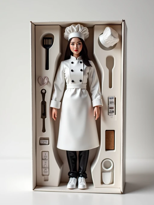 model as an action figure in packaging labeled 'CHEF COLLECTION'. Use model as a reference for the face. Model is 6 inches tall and dressed in chef uniform, and holding a spatula. The cardboard section should be white. Include an 'Accessories' section with items like chef hat, cooking pot, and recipe book. Make the design visually appealing and reflective of culinary arts. Do not include the character image on packaging.