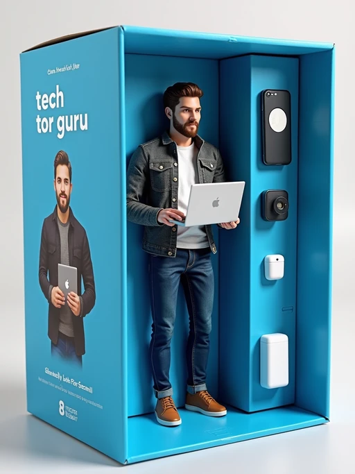 model as an action figure in packaging labeled 'TECH GURU'. Use model as a reference for the face. Model is 6 inches tall and dressed in tech attire, and holding a laptop. The cardboard section should be blue. Include an 'Accessories' section with items like smartphone, laptop, and wireless earbuds. Make the design visually appealing and reflective of tech industry. Do not include the character image on packaging.