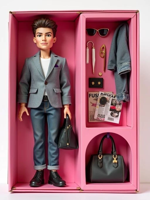 model as an action figure in packaging labeled 'FASHIONISTA'. Use model as a reference for the face. Model is 6 inches tall and dressed in fashionable attire, and holding a handbag. The cardboard section should be pink. Include an 'Accessories' section with items like sunglasses, handbag, and fashion magazine. Make the design visually appealing and reflective of fashion industry. Do not include the character image on packaging.
