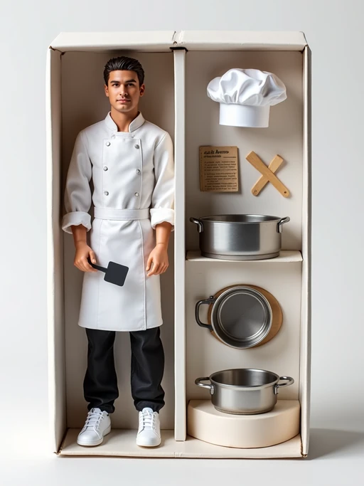 model as an action figure in packaging labeled 'CHEF COLLECTION'. Use model as a reference for the face. Model is 6 inches tall and dressed in chef uniform, and holding a spatula. The cardboard section should be white. Include an 'Accessories' section with items like chef hat, cooking pot, and recipe book. Make the design visually appealing and reflective of culinary arts. Do not include the character image on packaging.