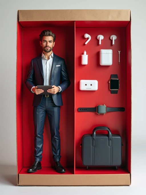 model as an action figure in packaging labeled 'STARTUP EDITION'. Use model as a reference for the face. Model is 7 inches tall and dressed in business casual attire, and holding a tablet. The cardboard section should be red. Include an 'Accessories' section with items like briefcase, smart watch, and wireless earbuds. Make the design visually appealing and reflective of a startup environment. Do not include the character image on packaging.