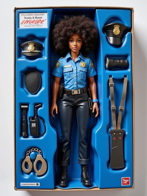 model as an action figure in packaging labeled 'POLICE EDITION'. Use model as a reference for the face. Model is 6 inches tall and dressed in police uniform with badge, and holding a walkie-talkie. The cardboard section should be blue. Include an 'Accessories' section with items like handcuffs, police hat, and flashlight. Make the design visually appealing and reflective of law enforcement profession. Do not include the character image on packaging.