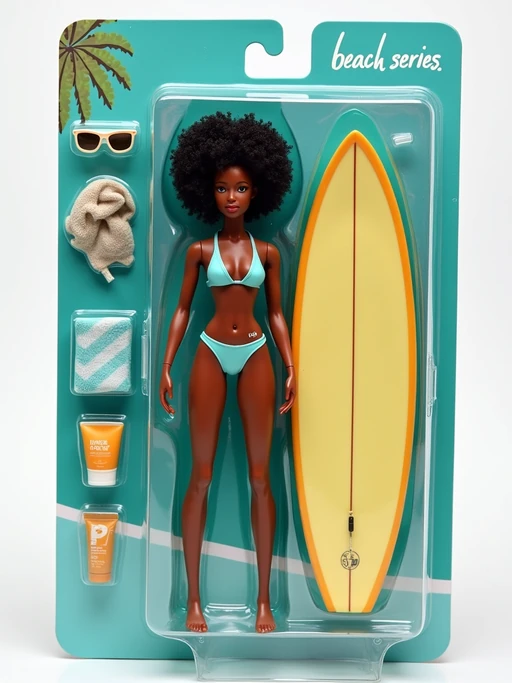 model as an action figure in packaging labeled 'BEACH SERIES'. Use model as a reference for the face. Model is 6 inches tall and dressed in swimwear, and holding a surfboard. The cardboard section should be teal. Include an 'Accessories' section with items like sunglasses, beach towel, and sunscreen. Make the design visually appealing and reflective of beach lifestyle. Do not include the character image on packaging.