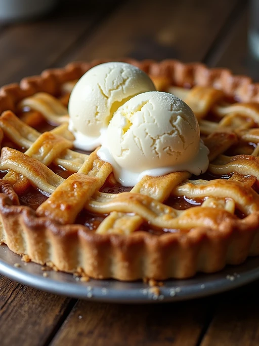 a close-up, ultra-realistic photograph perfect for a cookbook captures a rustic apple pie with a golden lattice crust, visible cinnamon-spiced apple filling, and a scoop of melting vanilla ice cream on top.