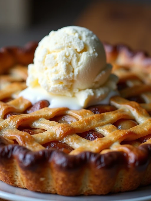 a close-up, ultra-realistic photograph perfect for a cookbook captures a rustic apple pie with a golden lattice crust, visible cinnamon-spiced apple filling, and a scoop of melting vanilla ice cream on top.