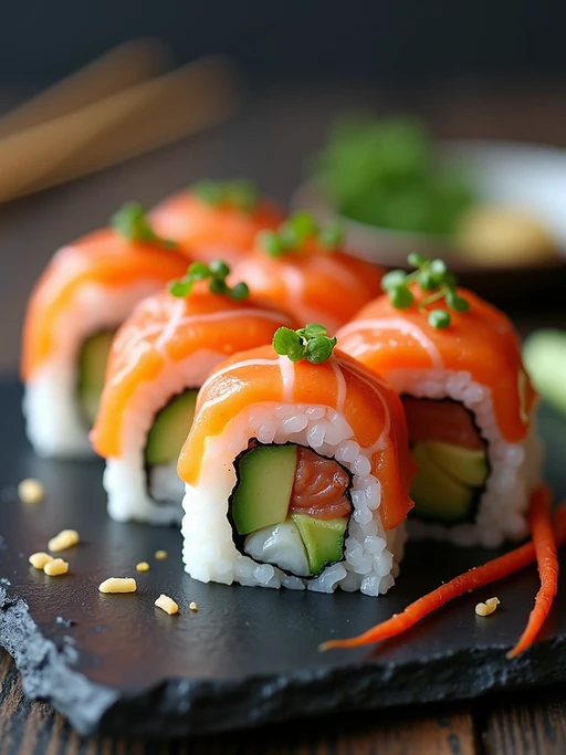a close-up, ultra-realistic photograph perfect for a cookbook captures homemade sushi rolls with fresh salmon, avocado, and cucumber, served with pickled ginger, wasabi, and soy sauce on a slate plate.