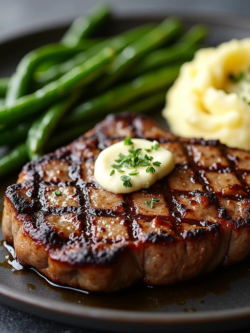 a close-up, ultra-realistic photograph perfect for a cookbook captures a perfectly grilled steak with crosshatch grill marks, served with roasted garlic mashed potatoes and sautéed green beans, topped with herb butter.