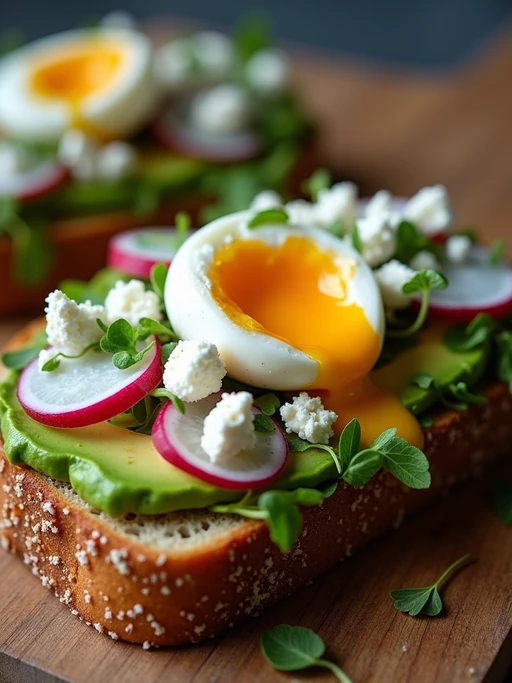 a close-up, ultra-realistic photograph perfect for a cookbook captures a fresh avocado toast on artisanal sourdough bread, topped with sliced radishes, microgreens, crumbled feta, and a perfectly poached egg with runny yolk.
