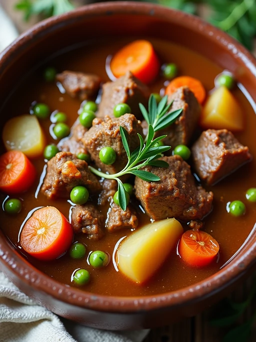 a close-up, ultra-realistic photograph perfect for a cookbook captures a hearty beef stew with tender chunks of meat, carrots, potatoes, and peas in a rich gravy, served in a rustic ceramic bowl with fresh herbs.