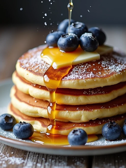 a close-up, ultra-realistic photograph perfect for a cookbook captures a stack of fluffy blueberry pancakes with maple syrup dripping down the sides, topped with fresh blueberries, a pat of butter, and a sprinkle of powdered sugar.