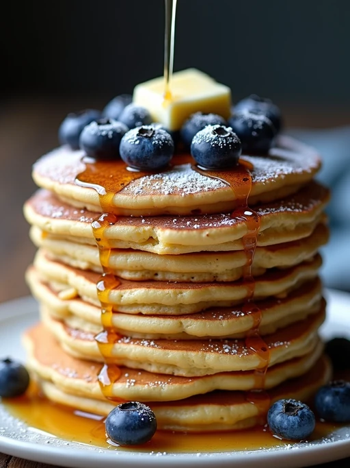 a close-up, ultra-realistic photograph perfect for a cookbook captures a stack of fluffy blueberry pancakes with maple syrup dripping down the sides, topped with fresh blueberries, a pat of butter, and a sprinkle of powdered sugar.