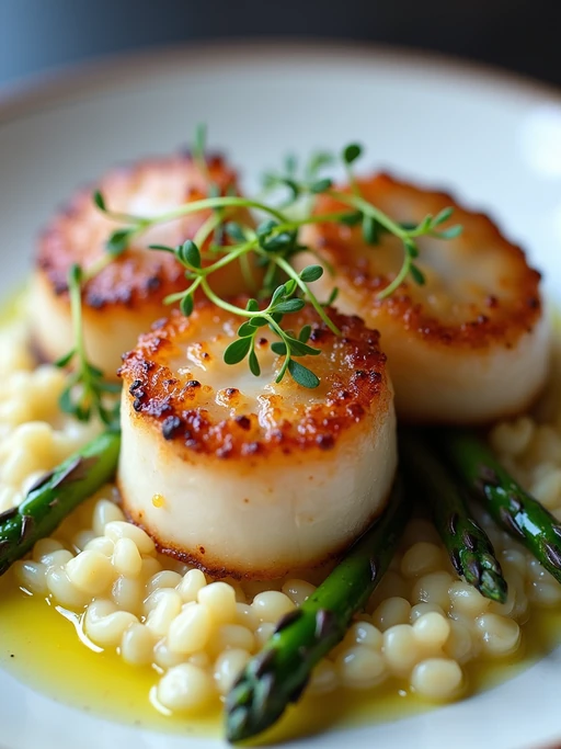 a close-up, ultra-realistic photograph perfect for a cookbook captures perfectly seared scallops with a golden crust, served on a bed of creamy risotto with asparagus tips and a lemon butter sauce, garnished with microgreens.