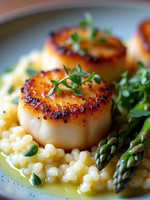 a close-up, ultra-realistic photograph perfect for a cookbook captures perfectly seared scallops with a golden crust, served on a bed of creamy risotto with asparagus tips and a lemon butter sauce, garnished with microgreens.