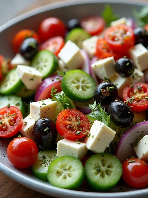 a close-up, ultra-realistic photograph perfect for a cookbook captures a colorful Mediterranean salad with cucumber, cherry tomatoes, red onion, kalamata olives, and feta cheese, drizzled with olive oil and sprinkled with oregano.