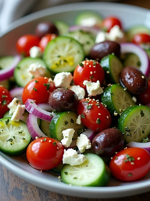 a close-up, ultra-realistic photograph perfect for a cookbook captures a colorful Mediterranean salad with cucumber, cherry tomatoes, red onion, kalamata olives, and feta cheese, drizzled with olive oil and sprinkled with oregano.
