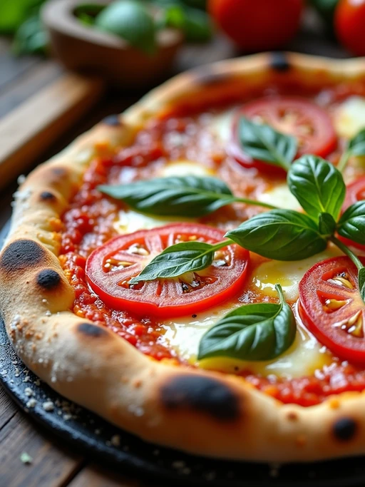 a close-up, ultra-realistic photograph perfect for a cookbook captures a vibrant homemade margherita pizza with bubbling mozzarella, fresh basil leaves, and bright red tomatoes on a perfectly charred crust, dusted with flour and drizzled with olive oil.