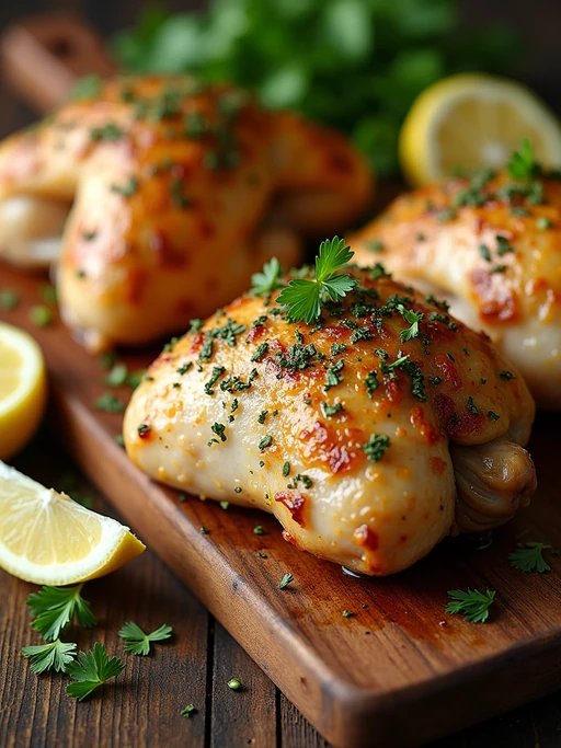a close-up, ultra-realistic photograph perfect for a cookbook captures a beautifully baked herbed chicken with crispy golden skin, garnished with fresh oregano and parsley. The chicken thighs are arranged on a rustic wooden board with lemon wedges, minced garlic, and melted butter visible.