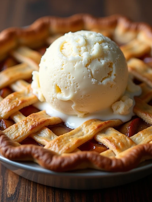a close-up, ultra-realistic photograph perfect for a cookbook captures a rustic apple pie with a golden lattice crust, visible cinnamon-spiced apple filling, and a scoop of melting vanilla ice cream on top.