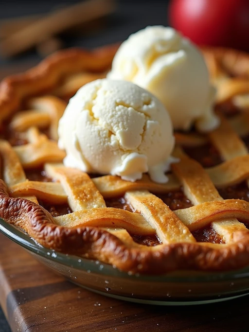 a close-up, ultra-realistic photograph perfect for a cookbook captures a rustic apple pie with a golden lattice crust, visible cinnamon-spiced apple filling, and a scoop of melting vanilla ice cream on top.