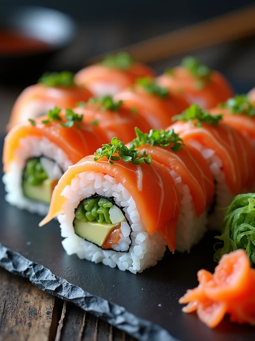 a close-up, ultra-realistic photograph perfect for a cookbook captures homemade sushi rolls with fresh salmon, avocado, and cucumber, served with pickled ginger, wasabi, and soy sauce on a slate plate.