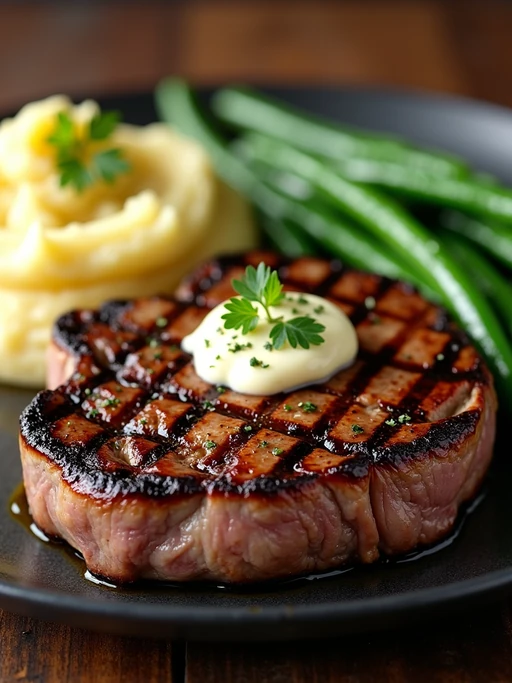 a close-up, ultra-realistic photograph perfect for a cookbook captures a perfectly grilled steak with crosshatch grill marks, served with roasted garlic mashed potatoes and sautéed green beans, topped with herb butter.