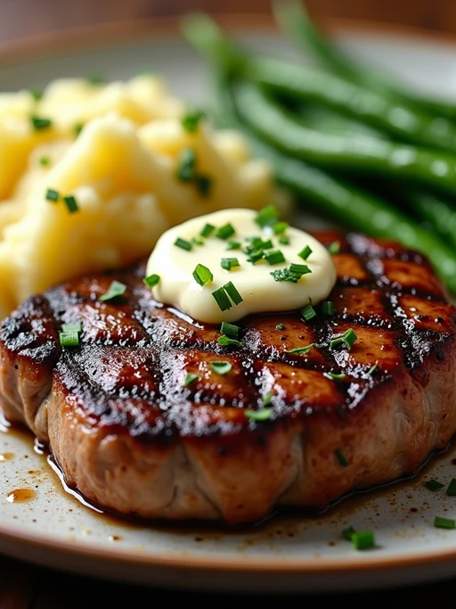 a close-up, ultra-realistic photograph perfect for a cookbook captures a perfectly grilled steak with crosshatch grill marks, served with roasted garlic mashed potatoes and sautéed green beans, topped with herb butter.