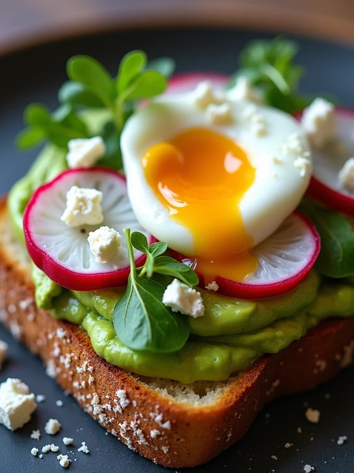a close-up, ultra-realistic photograph perfect for a cookbook captures a fresh avocado toast on artisanal sourdough bread, topped with sliced radishes, microgreens, crumbled feta, and a perfectly poached egg with runny yolk.