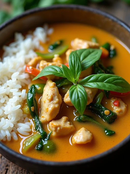 a close-up, ultra-realistic photograph perfect for a cookbook captures a vibrant Thai green curry with chunks of chicken, bamboo shoots, bell peppers, and Thai basil leaves in a creamy coconut sauce, served with jasmine rice.