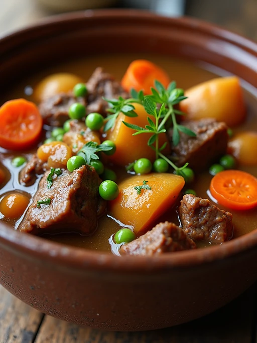 a close-up, ultra-realistic photograph perfect for a cookbook captures a hearty beef stew with tender chunks of meat, carrots, potatoes, and peas in a rich gravy, served in a rustic ceramic bowl with fresh herbs.