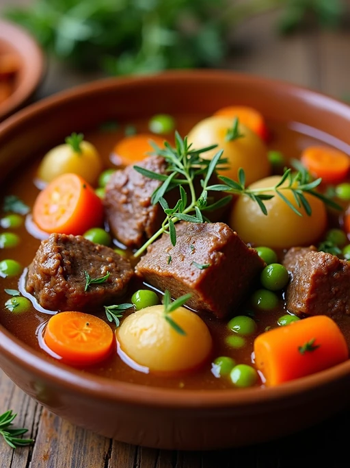 a close-up, ultra-realistic photograph perfect for a cookbook captures a hearty beef stew with tender chunks of meat, carrots, potatoes, and peas in a rich gravy, served in a rustic ceramic bowl with fresh herbs.