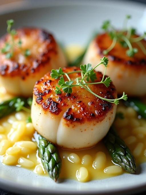 a close-up, ultra-realistic photograph perfect for a cookbook captures perfectly seared scallops with a golden crust, served on a bed of creamy risotto with asparagus tips and a lemon butter sauce, garnished with microgreens.